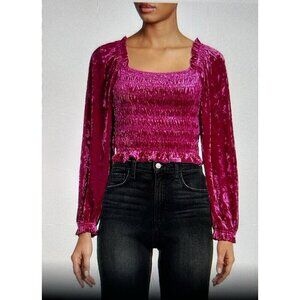 En Saison Magenta Crushed Velvet Smocked Balloon Sleeve Cropped Blouse Top 1X